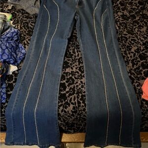 Vocal Blue Flare Wide Leg Jeans with Striking Stripes